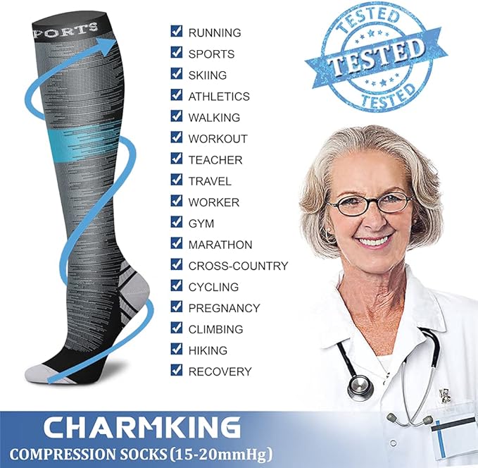 CHARMKING Compression Socks for Women & Men Circulation (8 Pairs) 15-20 mmHg is Best Support for Athletic Running,Cycling