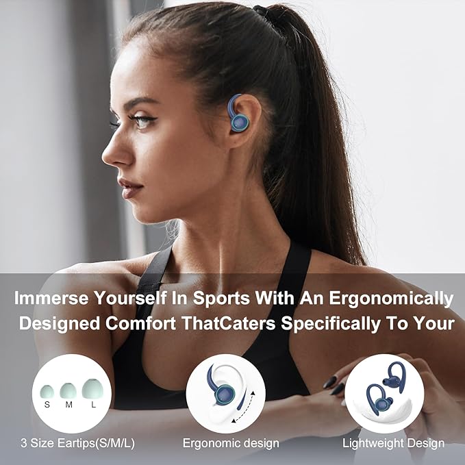 Wireless Earbuds, Bluetooth 5.4 Headphones Sport, Over Ear Buds With ENC Noise Cancelling Mic, 48H, Wireless Earphone With Earhooks, Stereo Deep Bass, IP7 Waterproof Headset for Workout Running, Blue