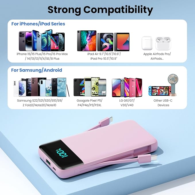Portable Charger for iPhone with Built in Cables and Wall Plug,Upgraded 13800mAh Fast Charging USB C Power Bank,4 Outputs Travel Essential Battery Pack Compatible with iPhone 17/16/15/14,Samsung-Pink