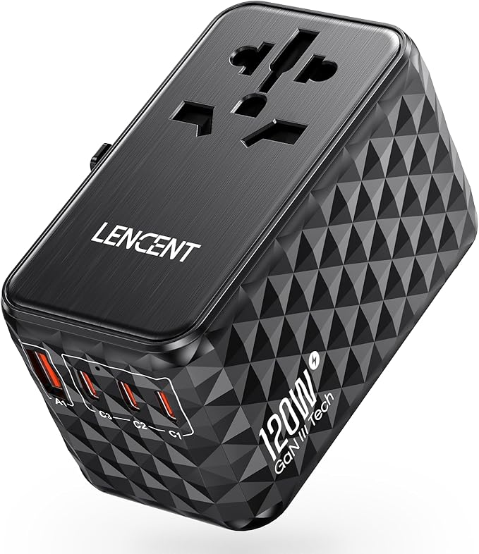 LENCENT 120W Universal Travel Adapter, GaN International Travel Adapter with 3 USB-C 1 USB-A Ports, Worldwide Fast Charger for Cameras Phones, All in One Power Converter for USA EU UK AUS Black