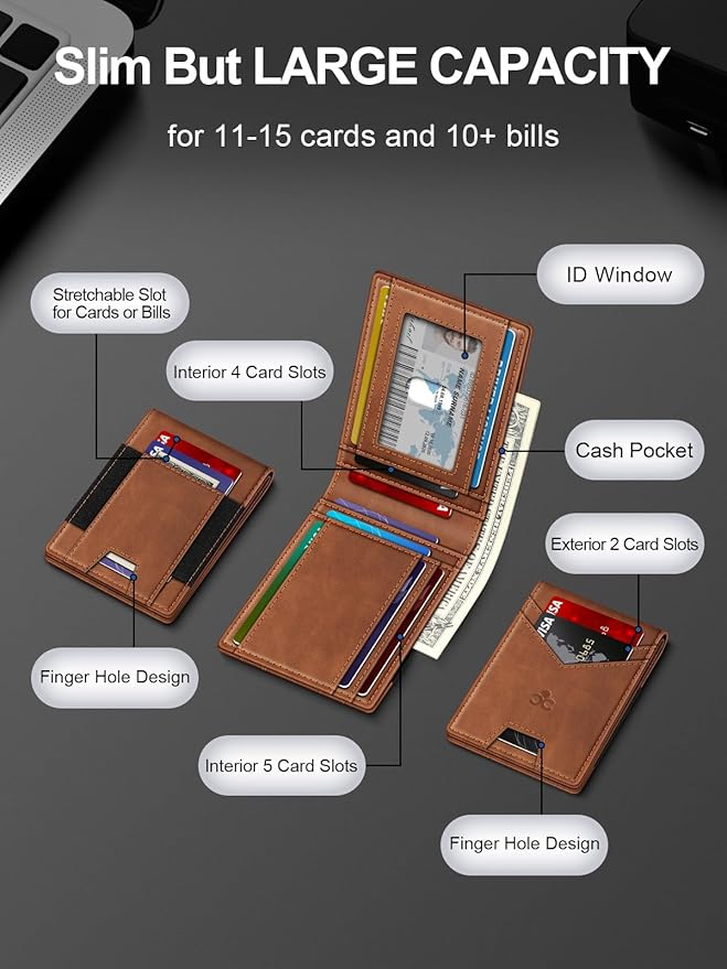 Wallet for Men Slim Leather Wallets for 13-17 Cards, RFID Blocking Thin Card Holder Wallet with ID Window & Large Capacity Cash Slot, Minimalist Bifold Small Wallet for Front Pocket, Gift for Men