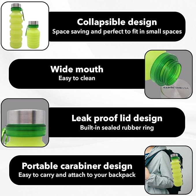 Collapsible Water Bottle (Yellow) - Reusable, BPA Free, Silicone, Foldable Portable & Leak Proof - Water Bottles for Travel Gym Camping Hiking - Sports Water Bottle with Carabiner