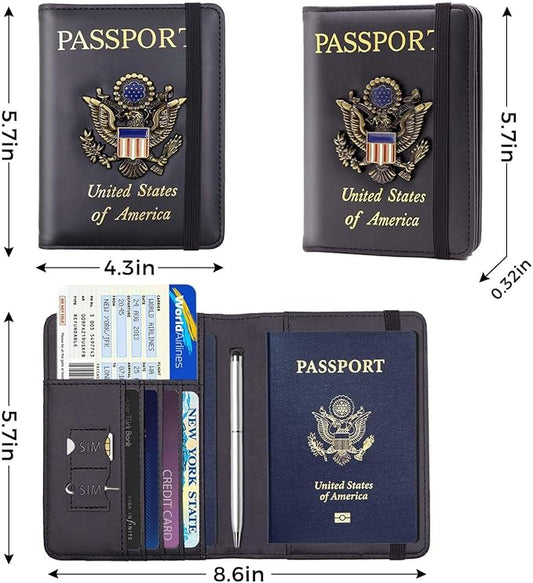 Cnycmy Passport Holder for Travel, Pu Leather Travel Wallet, RFID Blocking, Metal United States Coat of Arms, Waterproof cover for Family (Black)