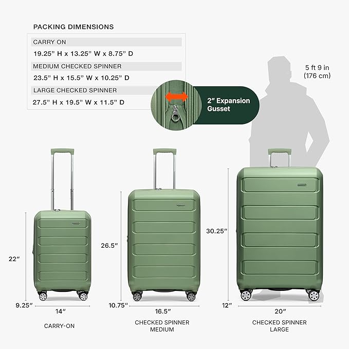 Traveler's Choice Pagosa Indestructible Hardshell Expandable Spinner Luggage, Green, 22-Inch Carry-on
