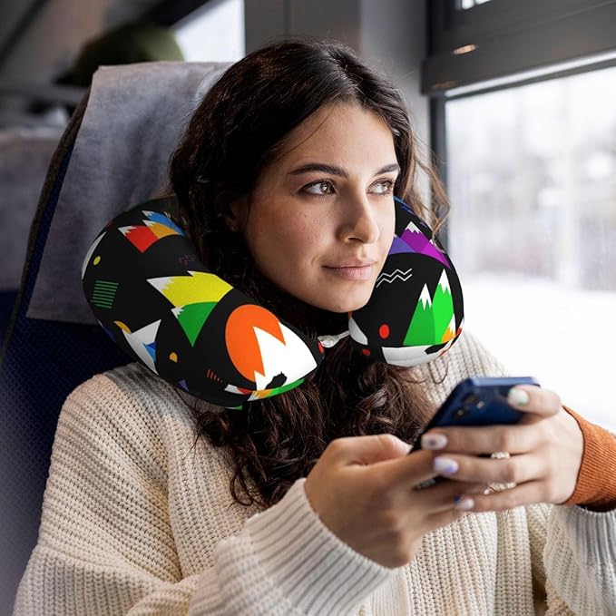 Comfortable Memory Foam Neck Pillow Colorful Mountain Bear Black, Travel U Shaped Airplane/Car/Flight Pillows with Removable Zipper Cover, Chin Head Neck Support Cushion