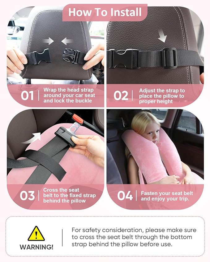 Car Travel Pillow for Kids Adults, Raised Padding Head and Neck Support Car Seat Sleeping Pillow for Toddlers, Portable U Shaped Body Pillow for Car Seat On Road Trip (Pink)
