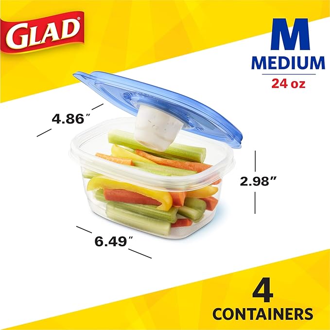 GladWare To Go Snack Food Storage Containers, Medium Rectangle Holds 24 Ounces of Food, 4 Count Set | Tupperware, Plastic Food Container, Meal Prep Container, Plastic Containers with Lids