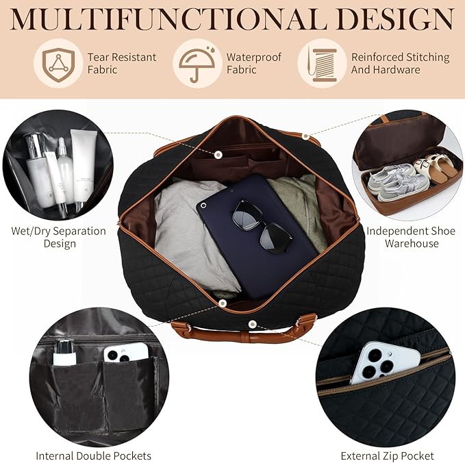 Weekender Bag, Large Travel Duffel Bag for Women, Carry on Overnight Bag with Shoe Compartment and Toiletry Bags