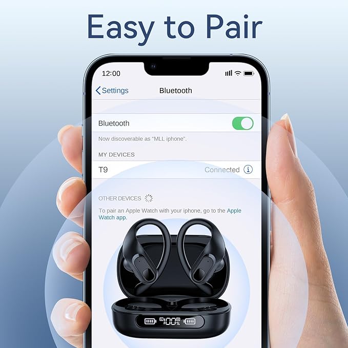 occiam Active Noise Cancelling Wireless Earbuds Bluetooth Headphones Ear Buds 96Hrs Playback Clear Call Waterproof Earphones with Ear Hook Microphones for Sport Running (Black Standard)