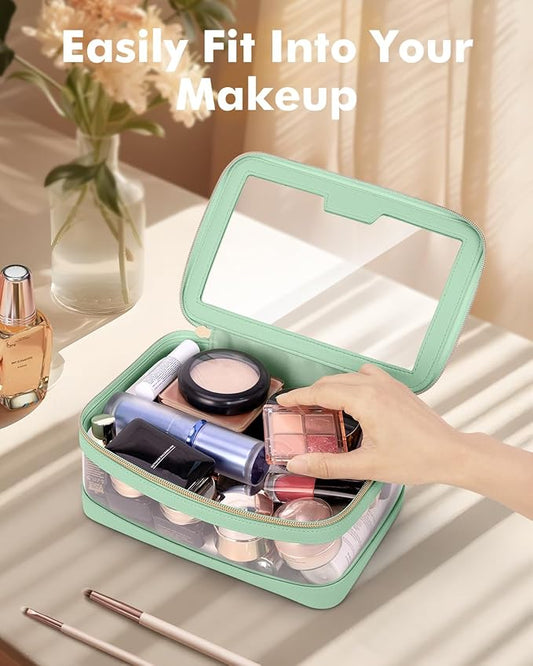Travel Clear Makeup Bag with Makeup Brush Bag, Leather Makeup Case Toiletry Bag, Portable Cosmetic Bag Case, Transparent Waterproof Cosmetic Organizer Storage Bag for Women, Mint Green
