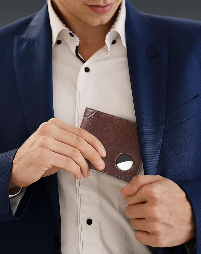 Swallowmall AirTag Wallet Mens RFID Blocking Genuine Leather Bifold Men's Wallet For air tag with 2 ID Window 10 Card Holders Removable Card Slot Taxes Brown(Airtag Not included)