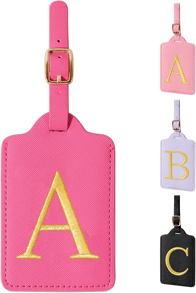 Personalized Initial Luggage Tags - Rose Red Leather Cute Luggage Tags with Privacy Cover Name Card, Embroidered Custom Monogram Travel Backpack Tag Gifts for Women Kids(A)