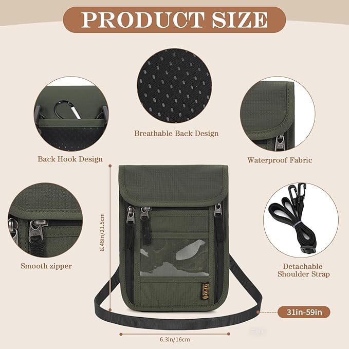 Passport Holder for Travel, Neck Pouch Travel Wallet With RFID Blocking, Waterproof Lightweight Passport Wallet for Women and Men (Army Green)