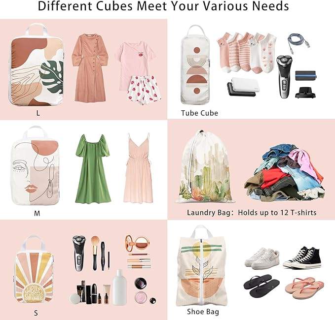 6 Pcs Compression Packing Cubes, Packing Cubes for Travel, Waterproof Luggage Organizer Bags Set, Cute Packaging Cubes for Women Kids Backpack Carry-Ons
