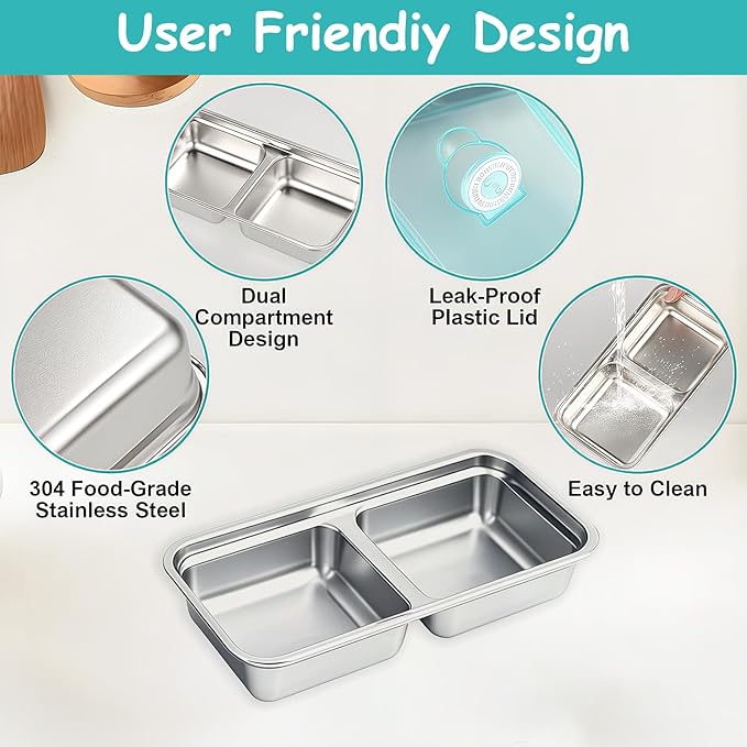 BSTUR 2Pcs 304 Stainless Steel Bento Boxes, 30 oz 2 Compartments Portable Food Storage Containers Snack Boxes with Leakproof Lids, Divided Meal Prep Lunch Box Food Container Dishwasher Safe