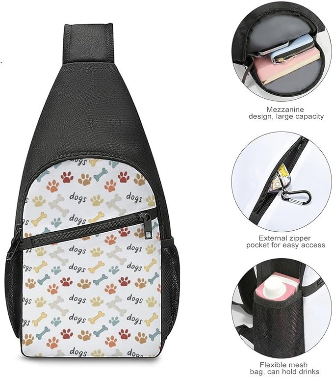 SWEET TANG Elegant Chest Cross Body Bag Dog Paw Bones Print Sling Shoulder Backpack for Women, Adjustable and Comfortable Gym Sack, Anti Theft Cycling Traveling Hiking Daypack