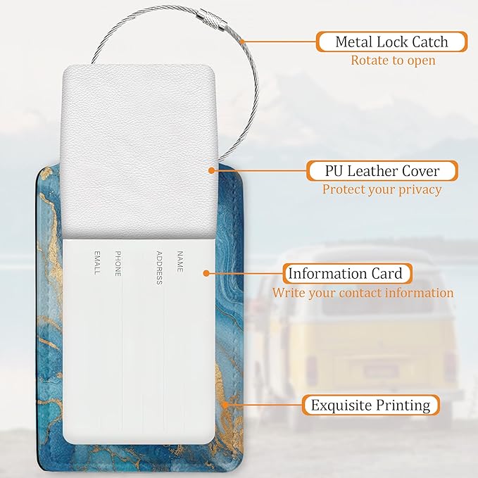 Colorful Marble Luggage Tags for Suitcases, 3 Pack Leather Bag Tag Identifiers with Stainless Steel Loop and Address Card for Men Women