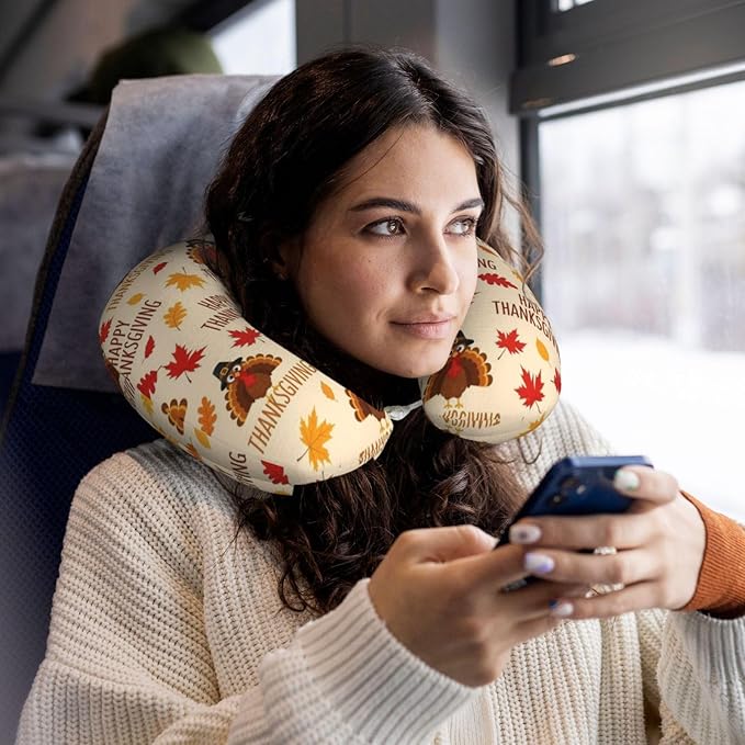 Neck Pillow Memory Foam Travel Pillows Comfortable for Airplane Flight Car Travel Office Nap and Sleeping, Funny Cushion for Head Shoulder Thanksgiving Fall Leaf Funny Turkey