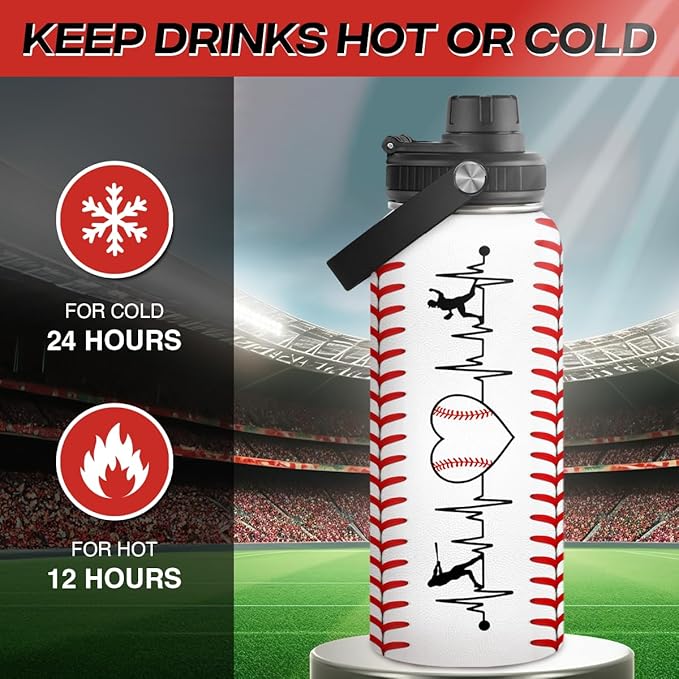 Baseball Water Bottle 32oz Stainless Steel Insulated Bottle for Men, Women, Sports Lovers - Baseball Gifts for Birthday, Christmas