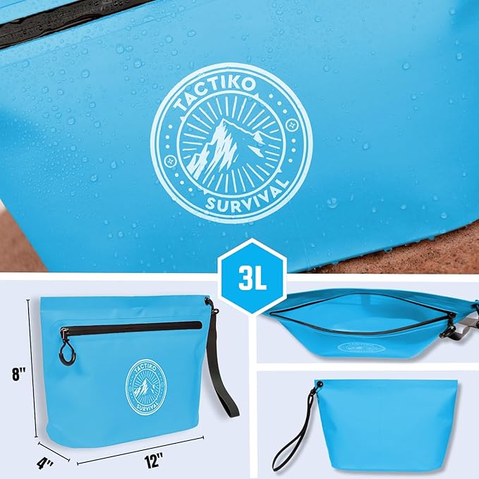 Tactiko 3L Water Resistant Pouch - Waterproof Material w/Splashproof Zipper - Hold All Zipper Bag for Storage, Toiletries,Travel, Beach, Cruise, Home (Blue)