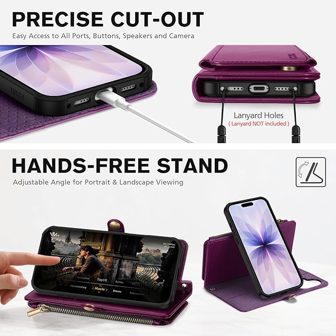 TUCCH Crossbody Detachable Wallet Case for iPhone 17 (6.3") 2025, 9 Card Holders RFID Blocking, Wireless Charging, Stand, Wrist Strap, Lanyard, Zipper Pocket, PU Leather Shockproof Cover, Plum Purple