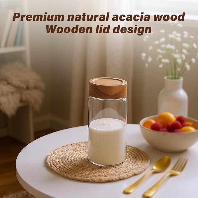 Zoaiirte 2-Pack 13 oz Glass Mason Jars with Acacia Wood Lids - Sealable, Leakproof, Clear & Stackable Food Storage Containers for Spices, Meal Prep, Flour, Sugar & Snack Storage