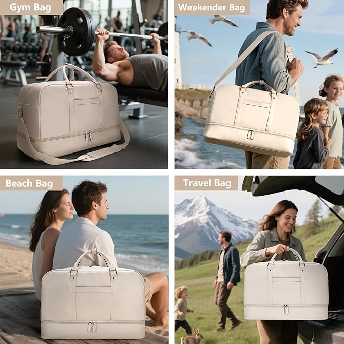 4PCS Leather Duffle Bags, Weekender Bag for Women Men, Large Travel Duffel-Overnight Bag with Toiletry, Makeup, Shoulder Bag, Faux Leather Carry On with Shoe Compartment (White)