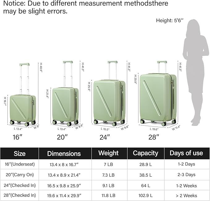 MILADA Underseat Carry On Luggage With Wheels 16 Inch Small Suitcase Underseat Carry On bag Mini Travel Luggage Personal Item Hard Case Luggage TSA Approved Luggage,Bamboo Green