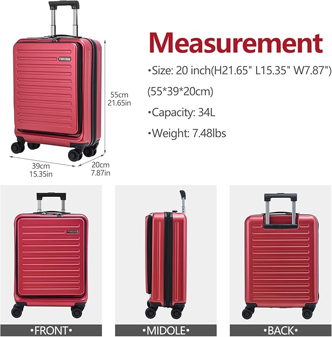 TydeCkare 20 Inch Carry On Luggage with Front Pocket, 21.65 * 15.35 * 7.87" Suitable for Airplane Overhead Bin, 34L PC+ABS Hardshell, Wine Red