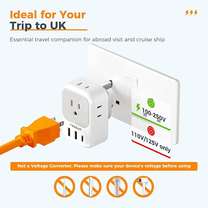 UK Adapters for Travel, TESSAN US to UK Ireland Plug Adapter 20W, Foldable Power Adaptor with 4 Outlets 3 USB(PD 20W 1 USB C) Charger, Type G for USA to Scotland London England Hongkong Dubai Irish