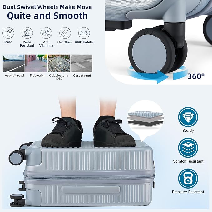 Hard Shell Suitcases 24 Inch Check in Luggage with Spinner Wheels, Expandable Travel Luggage with Cup Holder Charger Built in, Checked Medium Suitcase Lightweight Suitcases, Silver