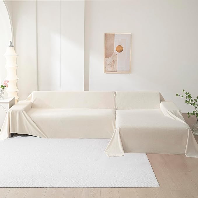 MEETSKY Couch Cover for 3 Cushion Sofa Washable, Cat Scratch Proof Sofa Covers, Furniture Protector L Shape Sofa Slipcovers Soft Sectional Couch Covers for Dogs, 71" x 134", Creamy White