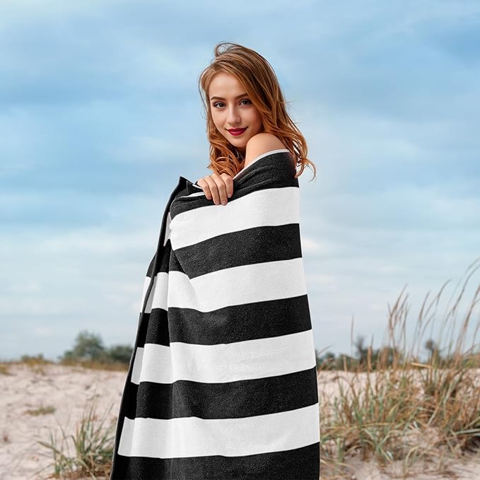 Cotton Oversized Beach Towel - 40 x70 Inch Extra Large Striped Pool Towel, Big Soft Terry Cloth Black Cabana Swim Towel