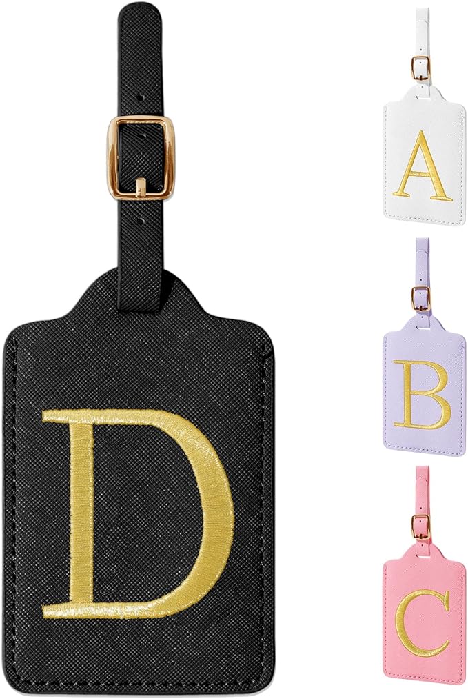 Personalized Initial Luggage Tags for Suitcase TSA Approved, Black Leather Cute Luggage Tag with Privacy Cover Name Card, Embroidered Custom Luggage Tags Travel Backpack Tags Gifts for Women Kids(D)