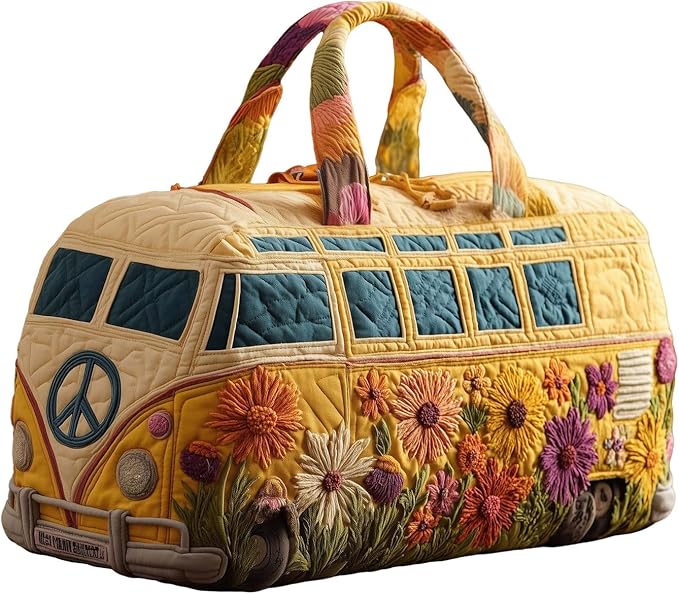 Hippie Journey Quilted Duffel Bag Hippie Van Travel Duffel Bag Vintage Floral Weekender Overnight Bags Women Gym Bags