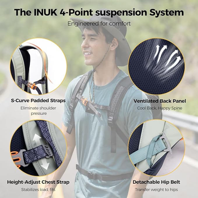 INUK Laptop Backpack for College Students & Work, 25L Lightweight Waterproof Backpack for Business Travel, Hiking Daypack with Padded Sleeve and Safety Whistle, Made from Recycled Materials，Green