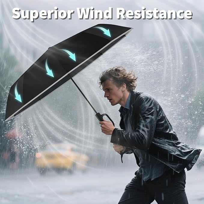 Seniny Travel Umbrella with Carabiner Handle, Windproof Large Umbrellas for Rain with Dual-Rib Structure, Portable Compact Umbrella with Reflective Strip, Car Backpack UV Umbrellas for Sun Protection