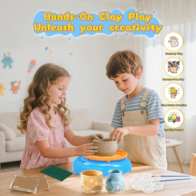 Weilim Pottery Wheel for Kids Complete DIY Pottery Painting Kit for Ages 8-12 Beginners with 4 Air-Dry Clay Packs and Tools, Arts Supplies Toys Birthday Gift for Boys Girls 6+ Years Old (Blue)