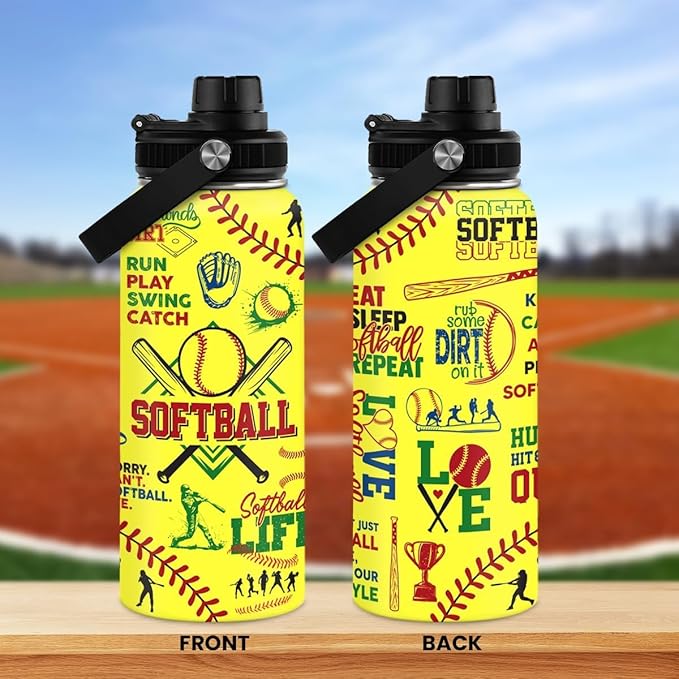 Softball Gift Water Bottle With Lid, 32oz Insulated Stainless Steel Sport Bottles - Gift for Softball Players Fan Coach