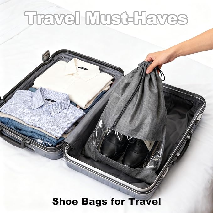 20 Pack Shoe Bags for Travel, 17" x 12.6" Drawstring Shoe Organizers with Clear Window, Breathable Non-Woven Dustproof Pouches for Luggage & Closet (Gray)
