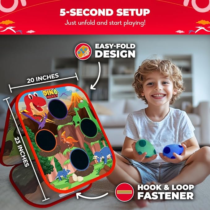 Swooc Games® - Dino Frenzy™ | 2-in-1 Corn Hole Games for Kids | 5-Second Setup | Dinosaur Bean Bag Toss Game for Kids | Kid Cornhole Game Set | Toddler Party Activity | Outside Bean Bags Kid Tossing
