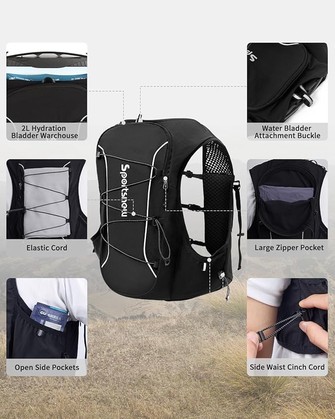 Sportsnew Running Vest for Women Men, Lightweight 10L Hydration Backpack with Waterproof Phone Pocket, Hydration Pack with Water Bladder for Hiking Trail