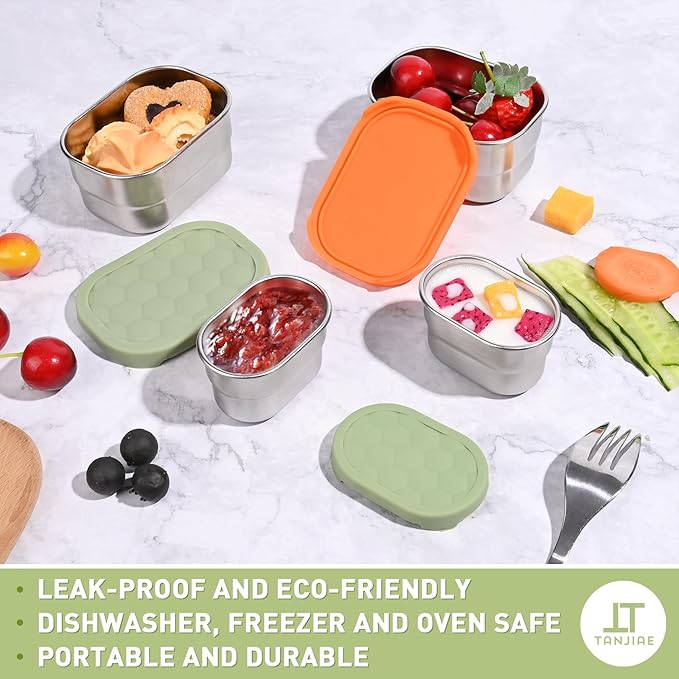 Stainless Steel Snack Containers for Kids & Salad Dressing Containers Sets | Easy Open Small Food Containers with Silicone Lids – Perfect Metal Lunch Box Containers for Daycare and School