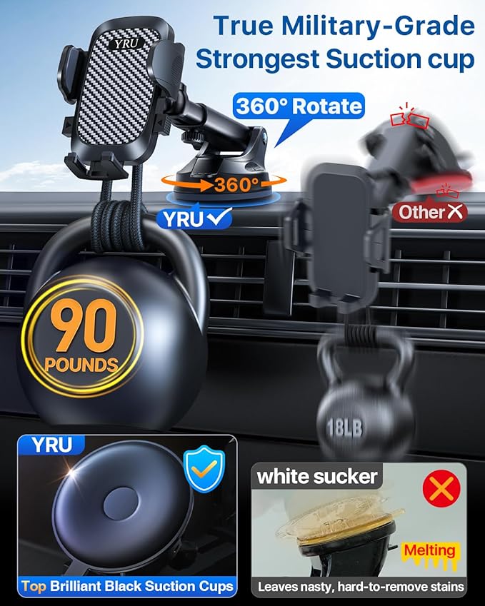 YRU True Military-Grade [360° Rotation Suction] 2026 Ultimate Car Phone Holder Mount 【90+LBS Safest Strongest & Patent Certs】 Dashboard Windshield Vent for iPhone 17 16 Pro Max Samsung, Gloss Black