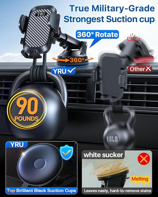 YRU True Military-Grade [360° Rotation Suction] 2026 Ultimate Car Phone Holder Mount 【90+LBS Safest Strongest & Patent Certs】 Dashboard Windshield Vent for iPhone 17 16 Pro Max Samsung, Gloss Black