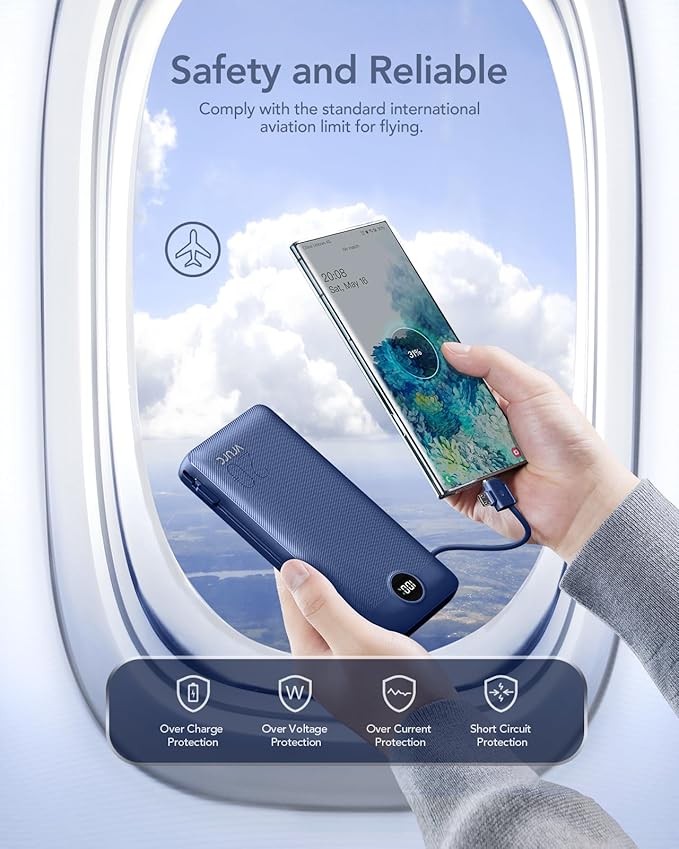 VRURC Portable Charger 20000mAh, Fast Charging Power Bank USB C,4 Output 2 Input Travel Essentials Charging Bank Equipped with LED Display,Built-in Wall Plug and Cables,Phone Charger Battery,Navy