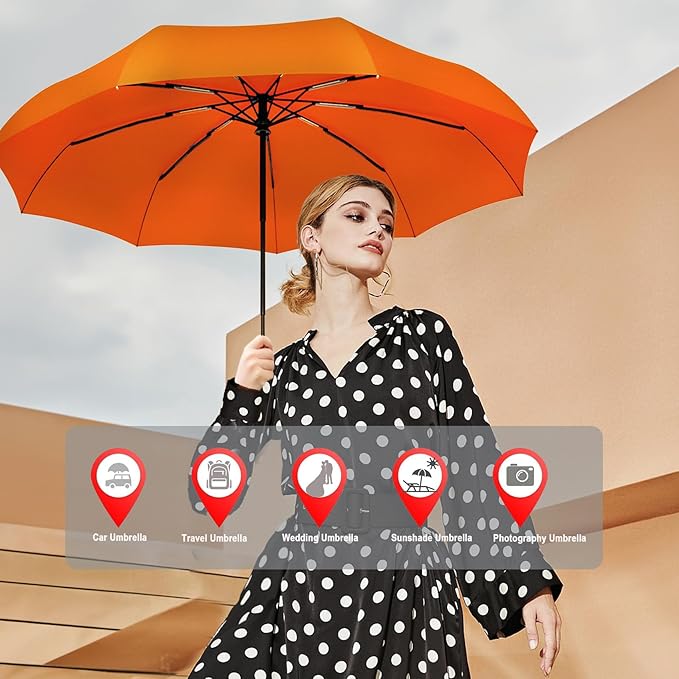 SIEPASA Windproof Travel Compact Umbrella-Automatic Umbrellas for Rain-Compact Folding Umbrella, Travel Umbrella Compact, Small Portable Windproof Umbrellas for Men Women Teenage. (Orange)
