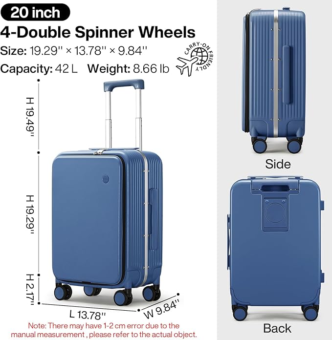 mixi Carry On Luggage with Cup Phone Holder and Charger Hard Shell Suitcases with Spinner Wheels,20 Inch Sapphire Blue