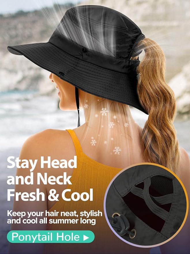 Sun Bucket Beach Hats for Women with Ponytail Hole,Sun Protection UV UPF50+ Waterproof Fishing Safari Hiking Hat