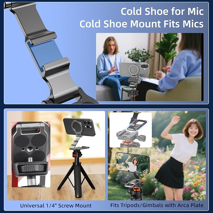 Magnetic Phone Mount for MagSafe, Maglock Tripod Adapter Magnet Golf Gym Workout Stand Metal Carabiner Dual Holder with 1/4 Screw Hole, for iPhone 16 15 14 13 12 Series Foldable Portable Accessories